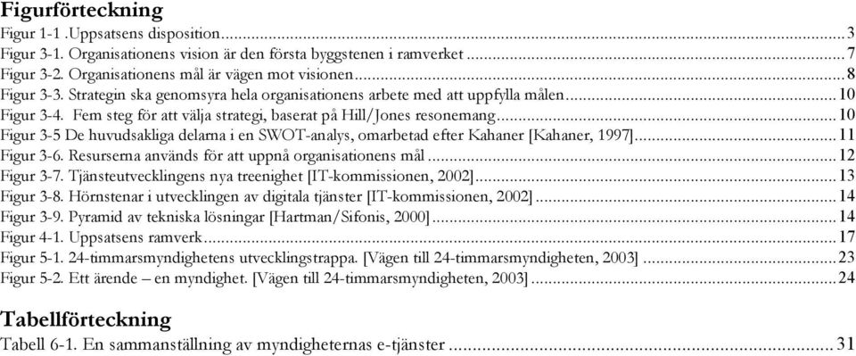 ..10 Figur 3-5 De huvudsakliga delarna i en SWOT-analys, omarbetad efter Kahaner [Kahaner, 1997]...11 Figur 3-6. Resurserna används för att uppnå organisationens mål...12 Figur 3-7.