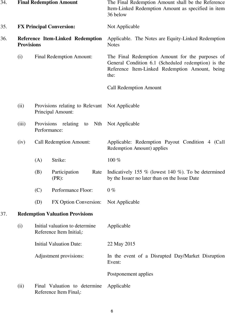 1 (Scheduled redemption) is the Reference Item-Linked Redemption Amount, being the: Call Redemption Amount (ii) Provisions relating to Relevant Principal Amount: Not Applicable (iii) Provisions