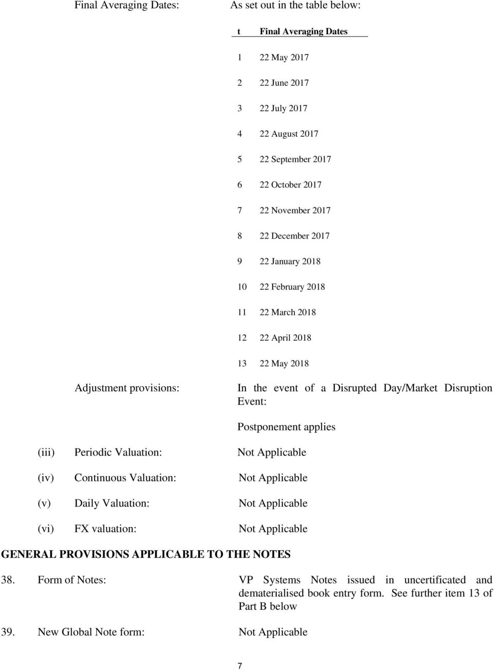 Postponement applies (iii) Periodic Valuation: Not Applicable (iv) Continuous Valuation: Not Applicable (v) Daily Valuation: Not Applicable (vi) FX valuation: Not Applicable GENERAL PROVISIONS