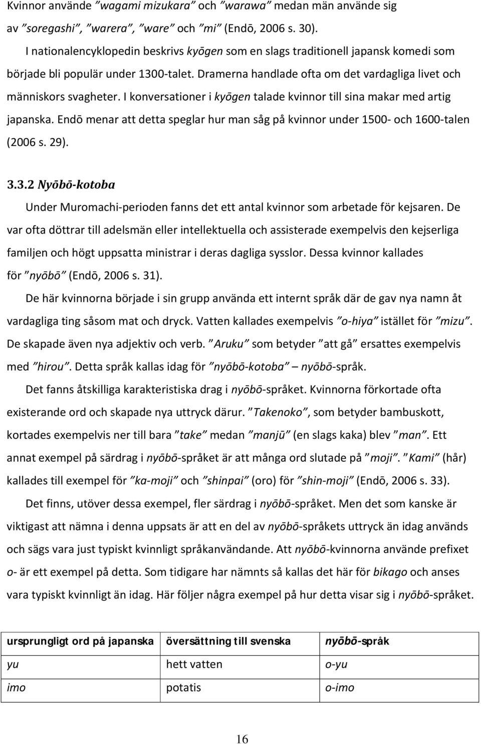 I konversationer i kyōgen talade kvinnor till sina makar med artig japanska. Endō menar att detta speglar hur man såg på kvinnor under 1500- och 1600-talen (2006 s. 29). 3.