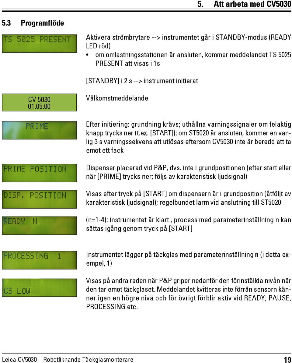 instrument initierat CV 5030 01.05.00 Välkomstmeddelande Efter initiering: grundning krävs; uthållna varningssignaler om felaktig knapp trycks ner (t.ex.