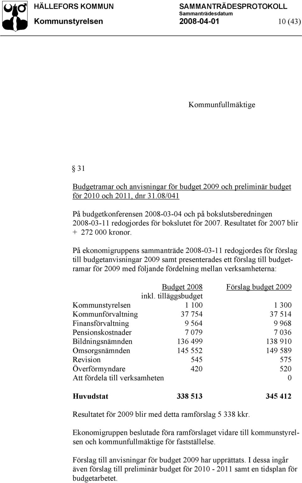 På ekonomigruppens sammanträde 2008-03-11 redogjordes för förslag till budgetanvisningar 2009 samt presenterades ett förslag till budgetramar för 2009 med följande fördelning mellan verksamheterna: