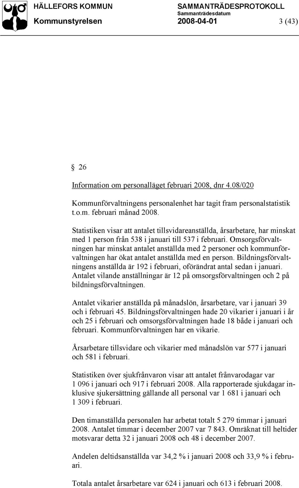 Omsorgsförvaltningen har minskat antalet anställda med 2 personer och kommunförvaltningen har ökat antalet anställda med en person.