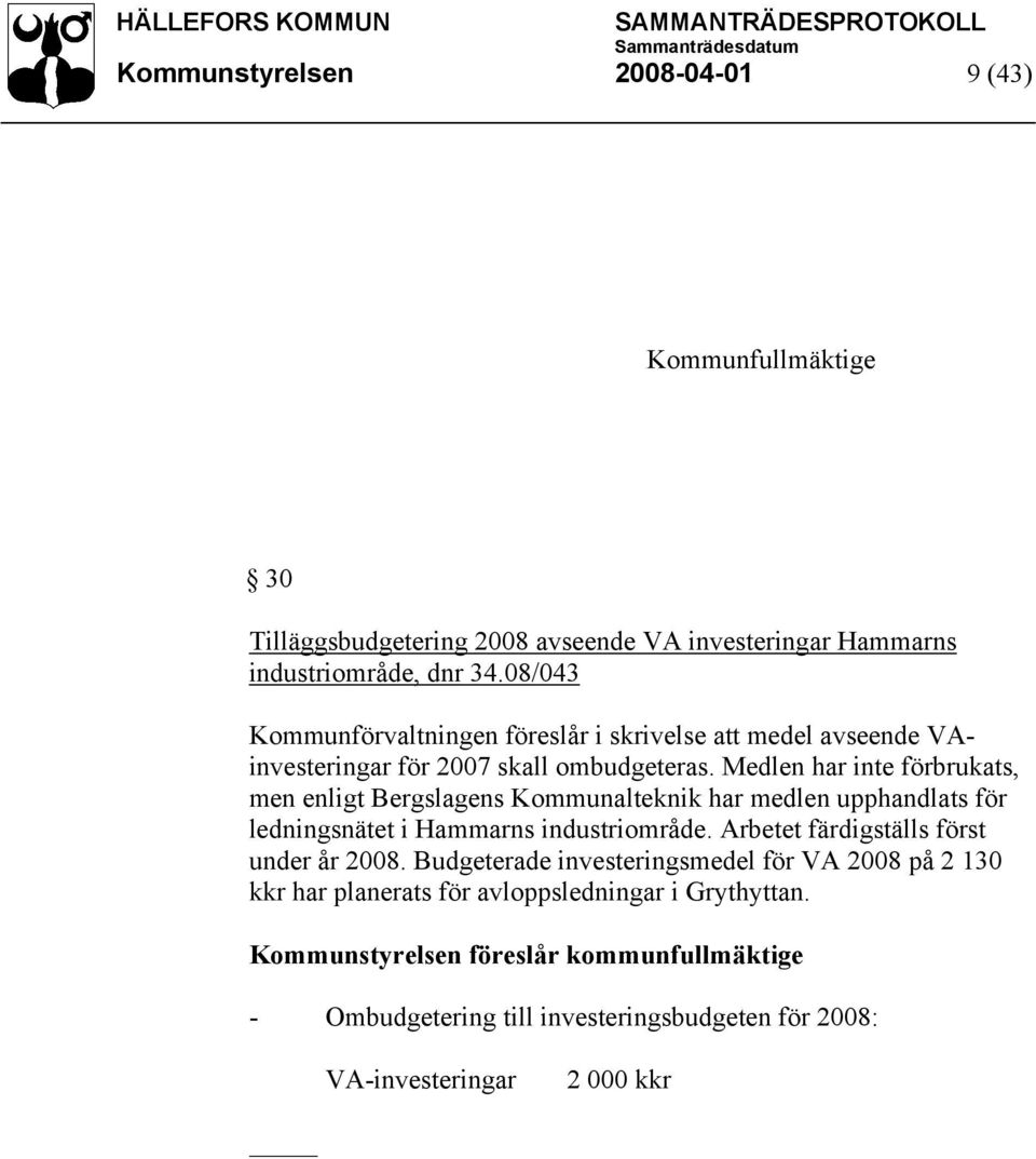 Medlen har inte förbrukats, men enligt Bergslagens Kommunalteknik har medlen upphandlats för ledningsnätet i Hammarns industriområde.