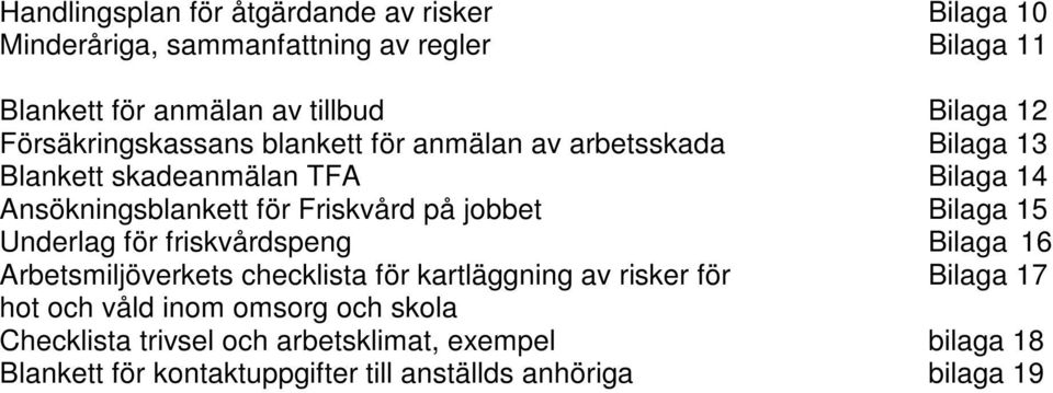 jobbet Bilaga 15 Underlag för friskvårdspeng Bilaga 16 Arbetsmiljöverkets checklista för kartläggning av risker för Bilaga 17 hot och våld