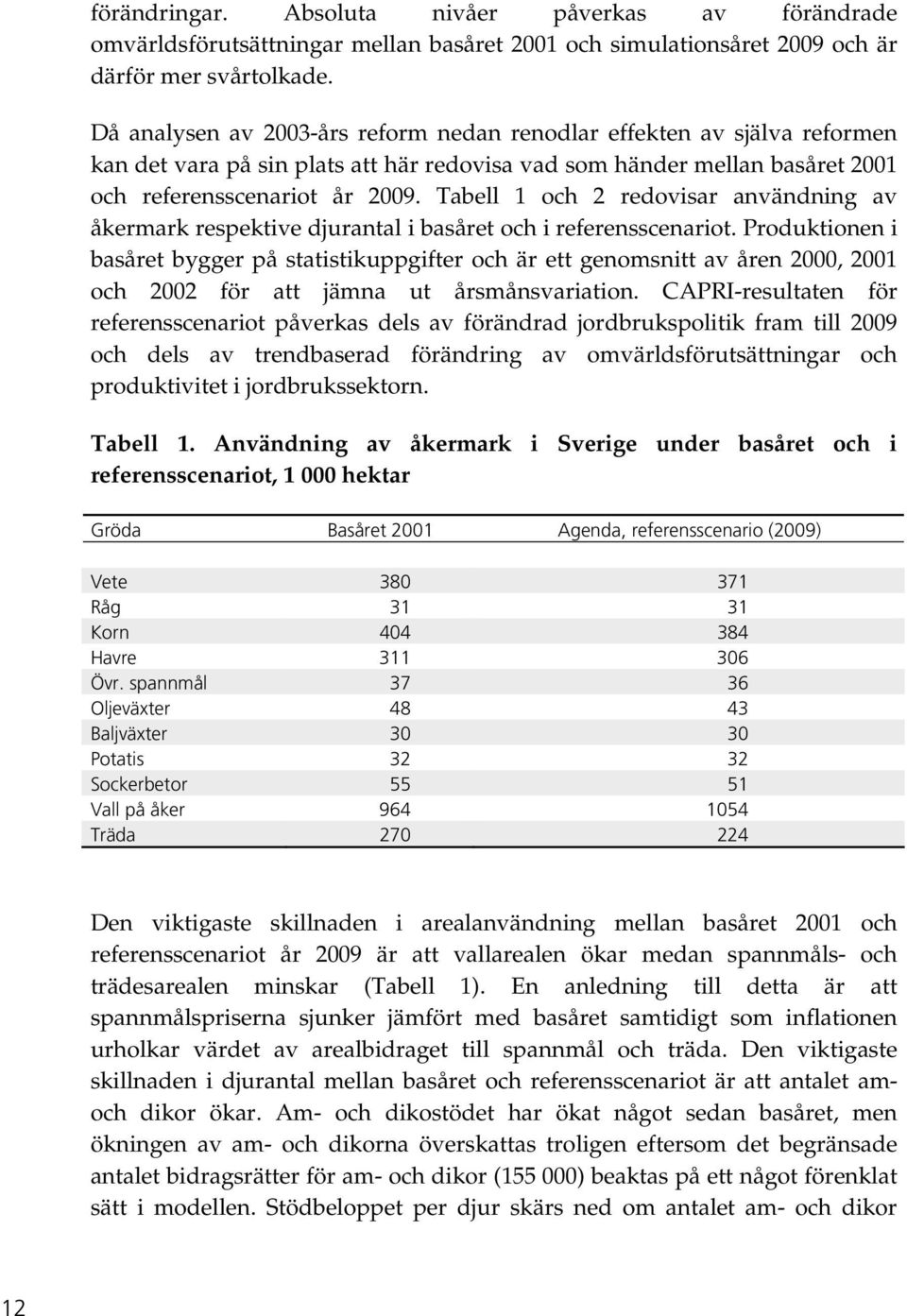 Tabell 1 och 2 redovisar användning av åkermark respektive djurantal i basåret och i referensscenariot.