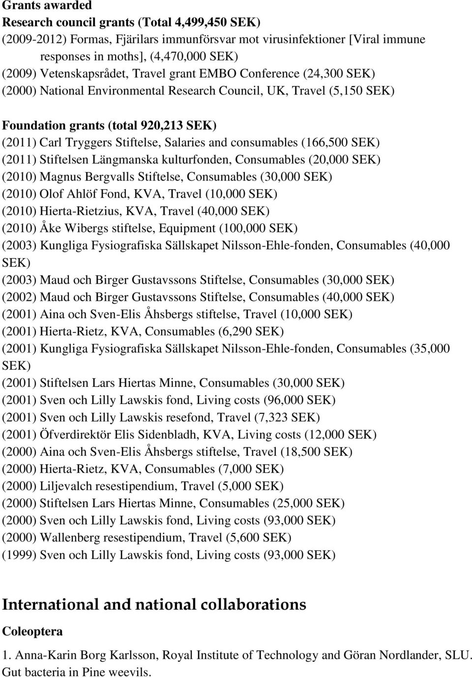 consumables (166,500 SEK) (2011) Stiftelsen Längmanska kulturfonden, Consumables (20,000 SEK) (2010) Magnus Bergvalls Stiftelse, Consumables (30,000 SEK) (2010) Olof Ahlöf Fond, KVA, Travel (10,000