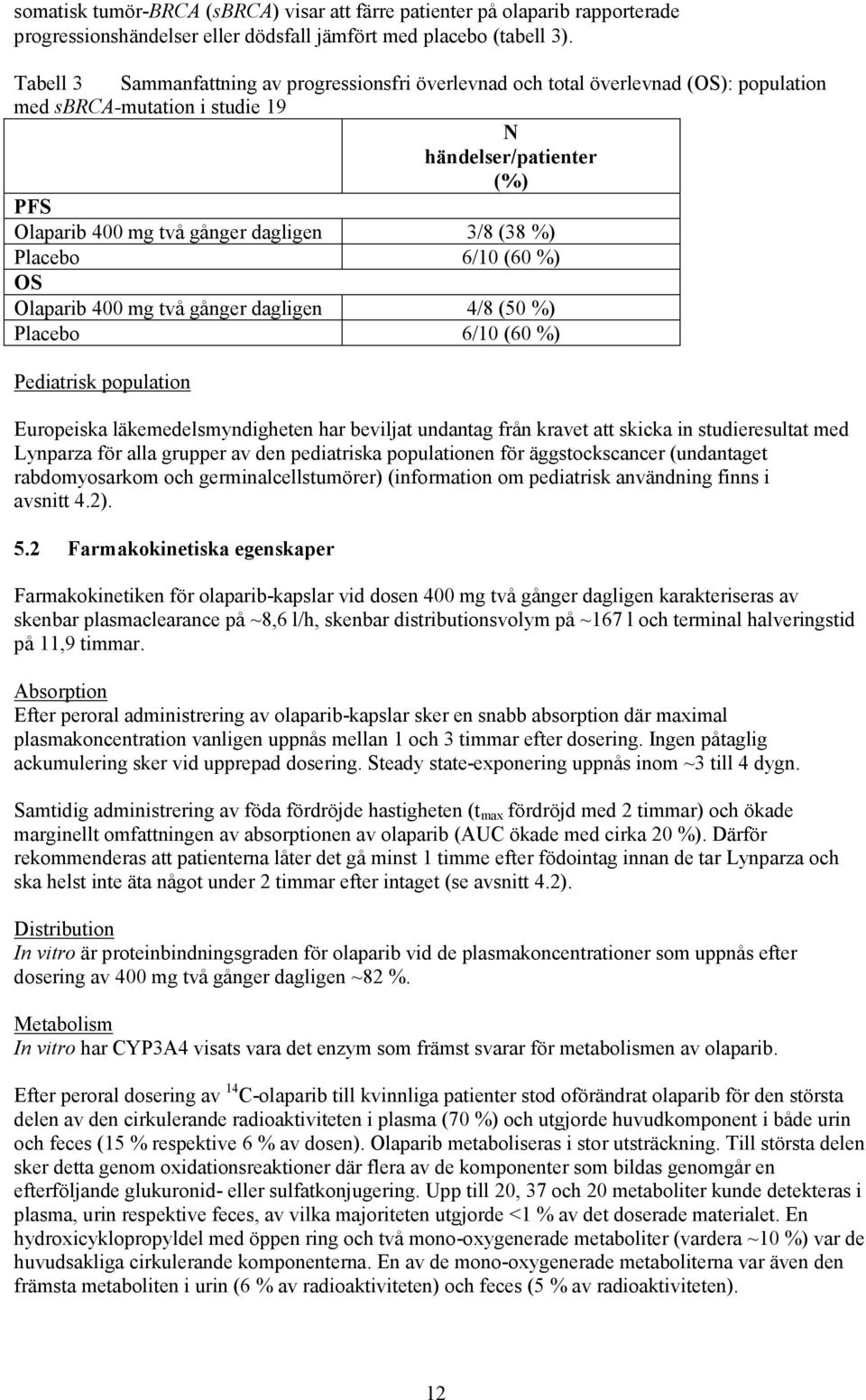 Placebo 6/10 (60 %) OS Olaparib 400 mg två gånger dagligen 4/8 (50 %) Placebo 6/10 (60 %) Pediatrisk population Europeiska läkemedelsmyndigheten har beviljat undantag från kravet att skicka in