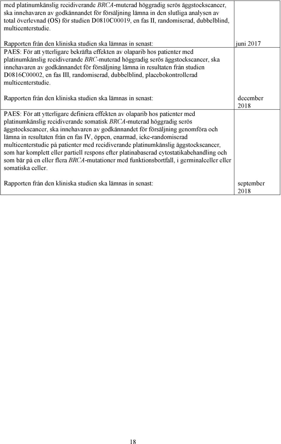 Rapporten från den kliniska studien ska lämnas in senast: juni 2017 PAES: För att ytterligare bekräfta effekten av olaparib hos patienter med platinumkänslig recidiverande BRC-muterad höggradig serös