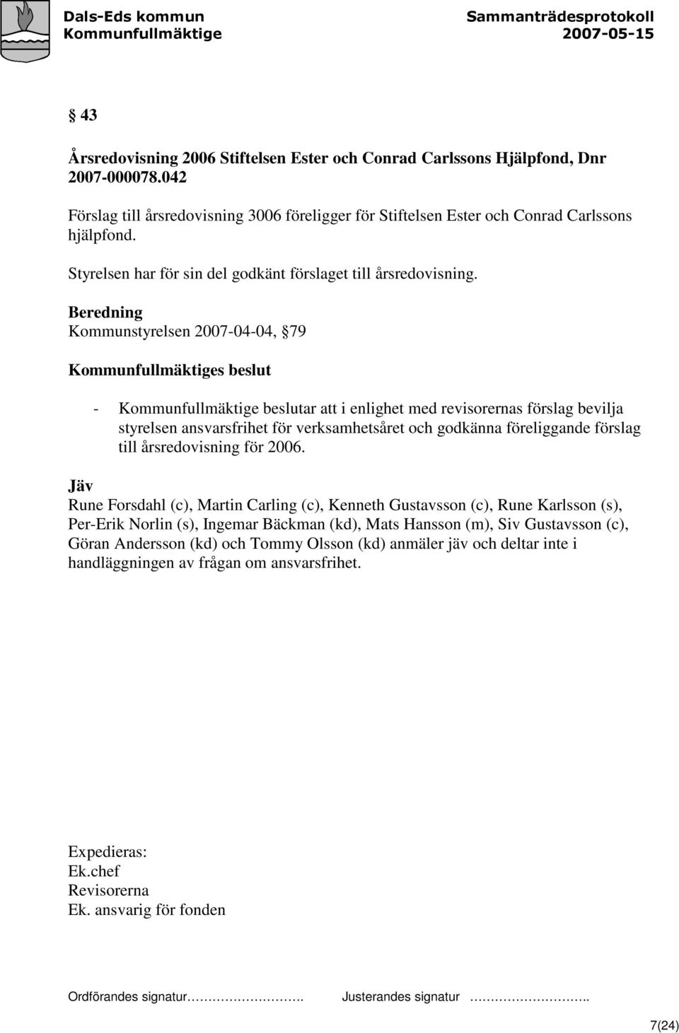 Beredning Kommunstyrelsen 2007-04-04, 79 Kommunfullmäktiges beslut - Kommunfullmäktige beslutar att i enlighet med revisorernas förslag bevilja styrelsen ansvarsfrihet för verksamhetsåret och