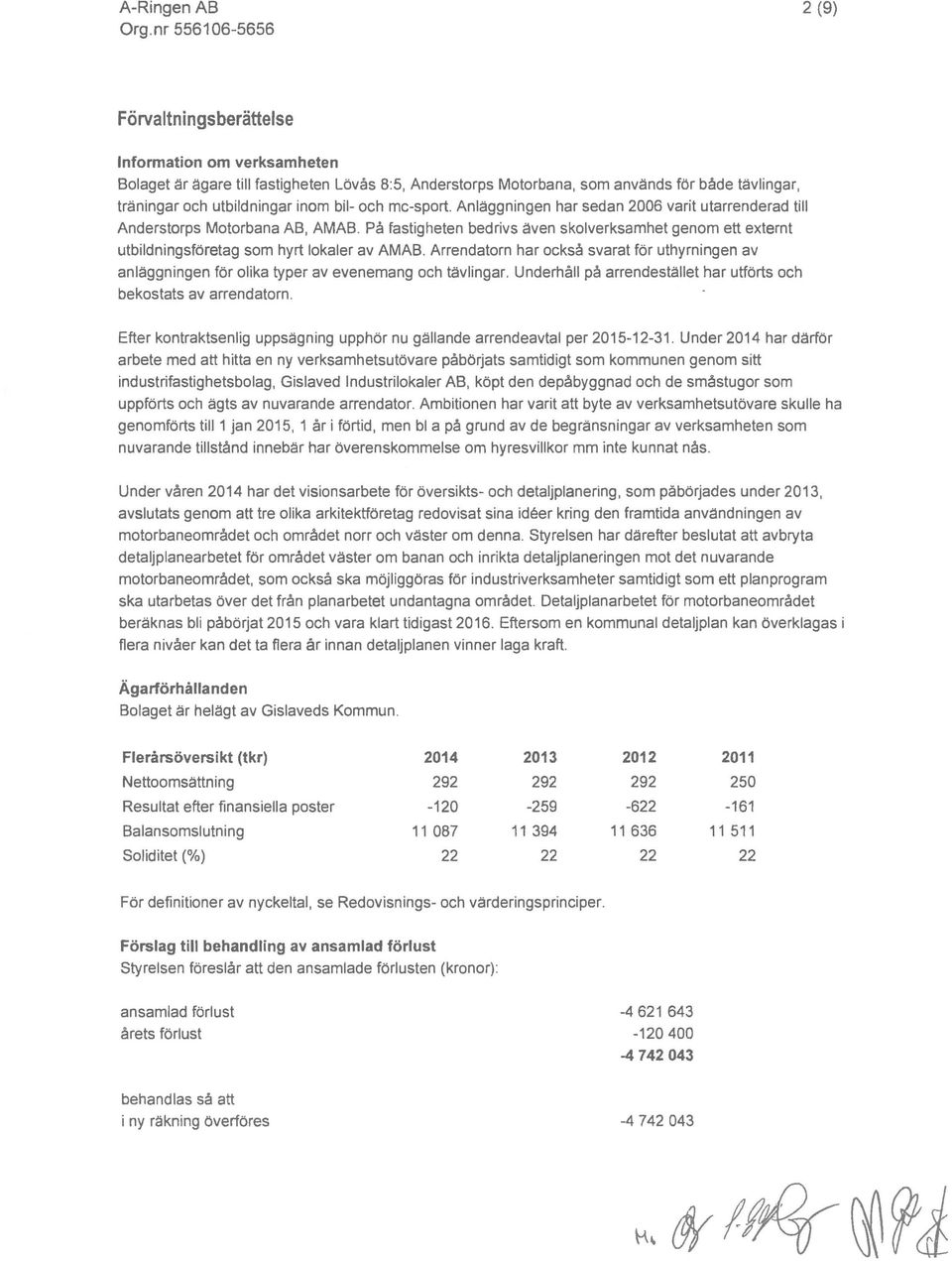 bil- och mc-sport. Anläggningen har sedan 2006 varit utarrenderad till Anderstorps Motorbana AB, AMAB.