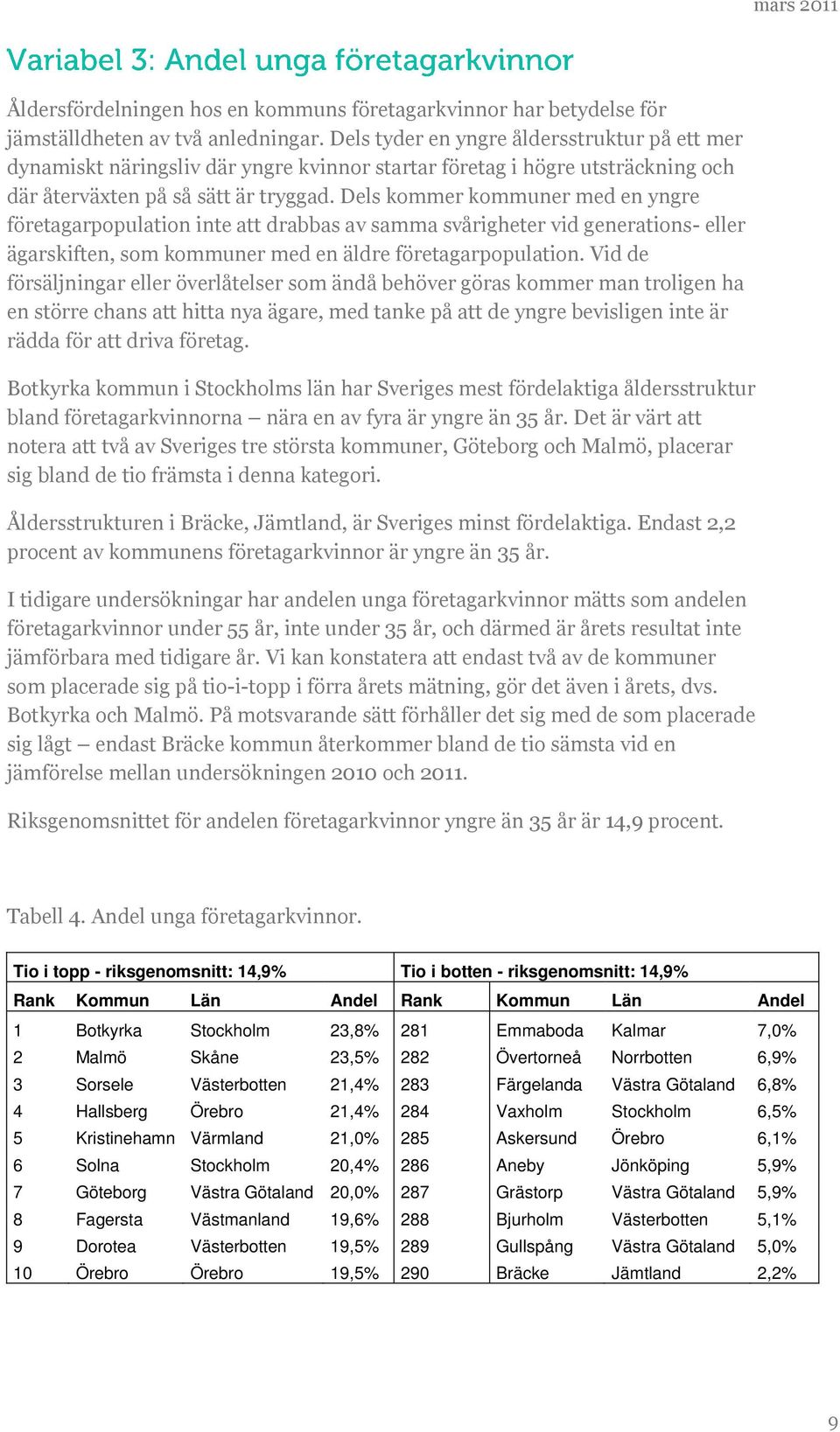 Dels kommer kommuner med en yngre företagarpopulation inte att drabbas av samma svårigheter vid generations- eller ägarskiften, som kommuner med en äldre företagarpopulation.