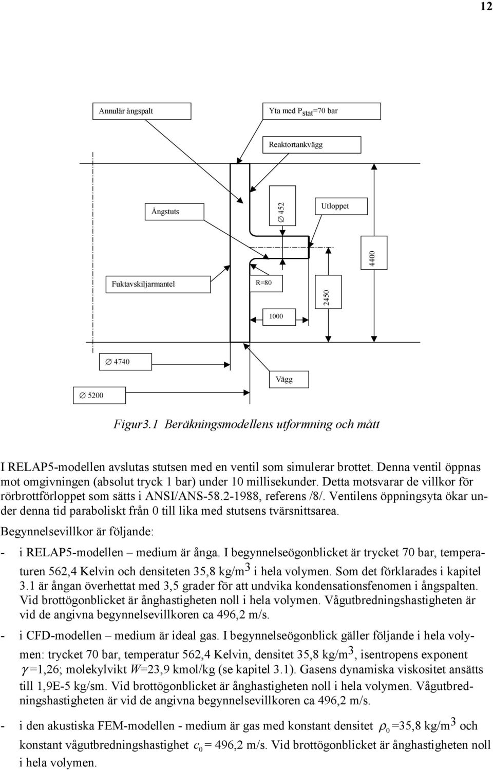 Detta motsvarar de villkor för rörbrottförloppet som sätts i ANSI/ANS-58.2-1988, referens /8/. Ventilens öppningsyta ökar under denna tid paraboliskt från till lika med stutsens tvärsnittsarea.