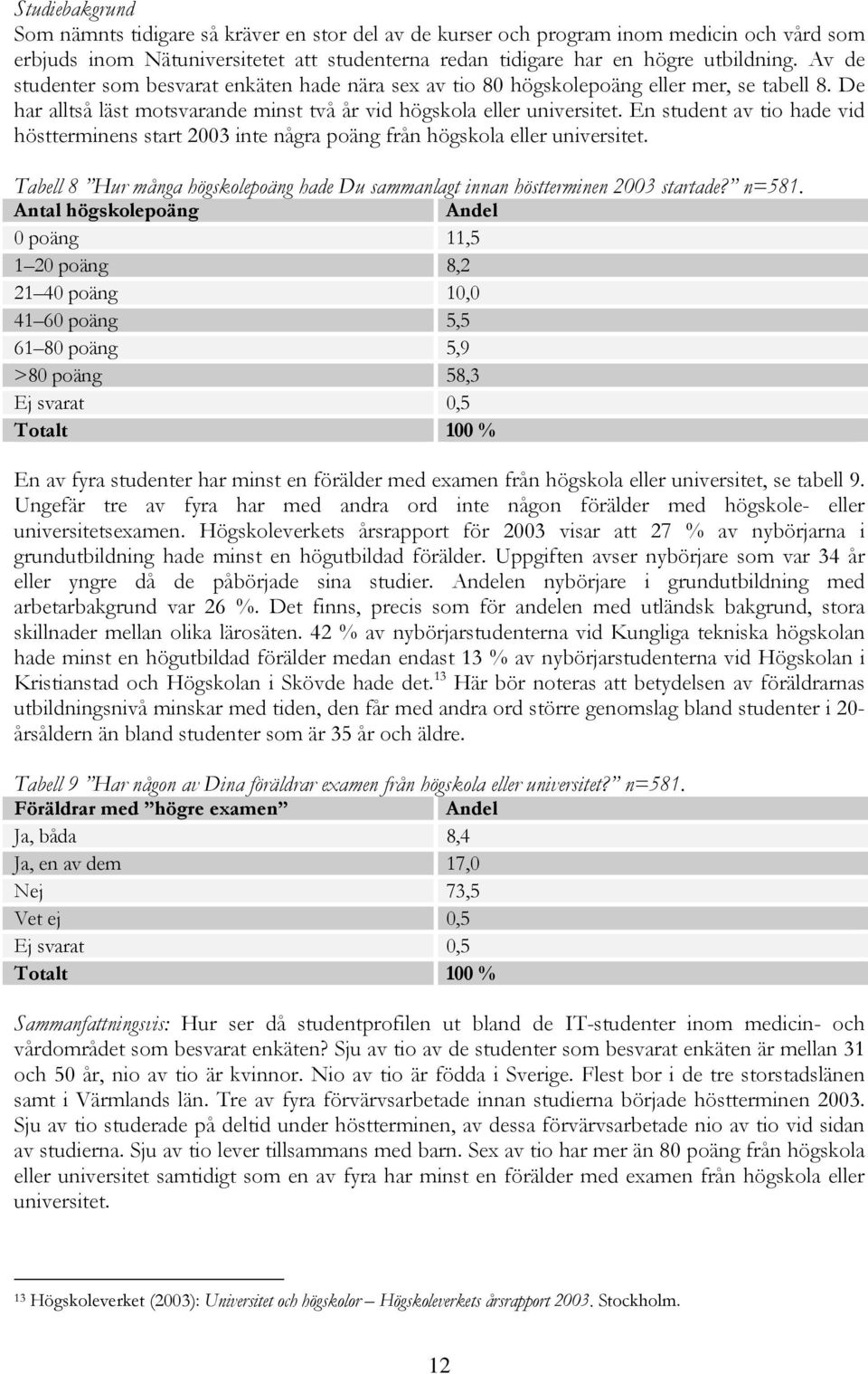 En student av tio hade vid höstterminens start 2003 inte några poäng från högskola eller universitet. Tabell 8 Hur många högskolepoäng hade Du sammanlagt innan höstterminen 2003 startade? n=581.