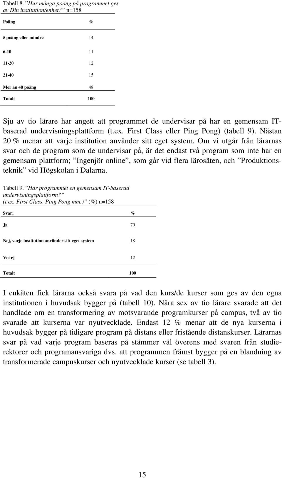 undervisningsplattform (t.ex. First Class eller Ping Pong) (tabell 9). Nästan 20 % menar att varje institution använder sitt eget system.