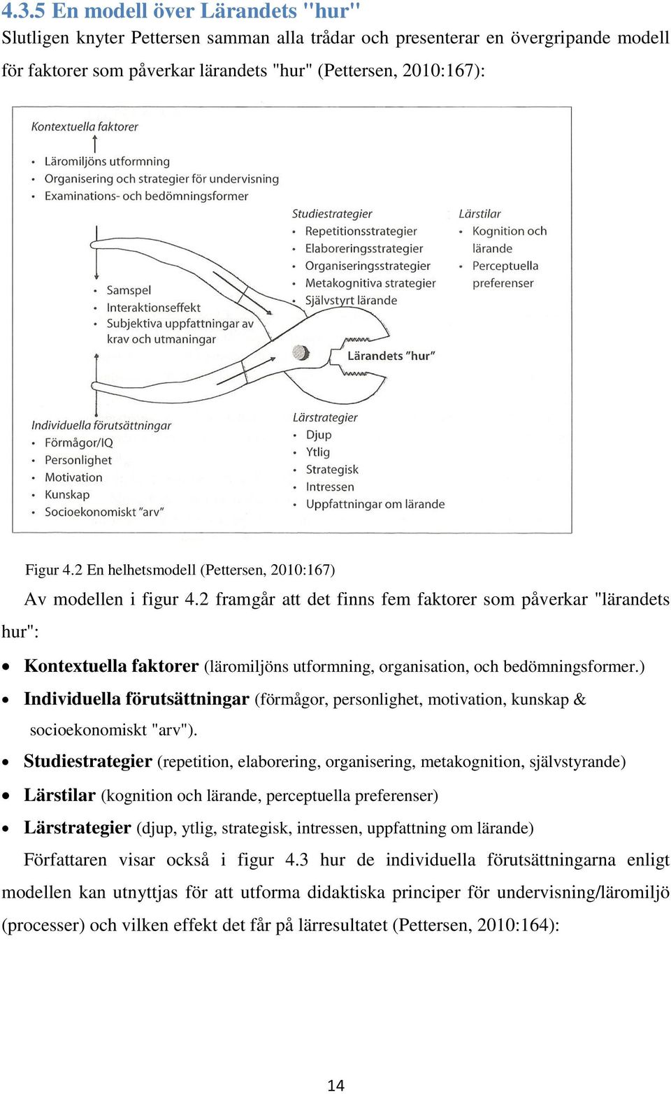 2 framgår att det finns fem faktorer som påverkar "lärandets hur": Kontextuella faktorer (läromiljöns utformning, organisation, och bedömningsformer.