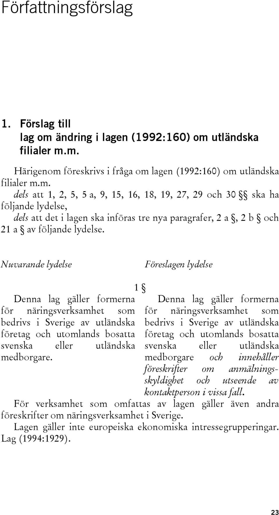 utländska filialer m.m. Härigenom föreskrivs i fråga om lagen (1992:160) om utländska filialer m.m. dels att 1, 2, 5, 5 a, 9, 15, 16, 18, 19, 27, 29 och 30 ska ha följande lydelse, dels att det i lagen ska införas tre nya paragrafer, 2 a, 2 b och 21 a av följande lydelse.