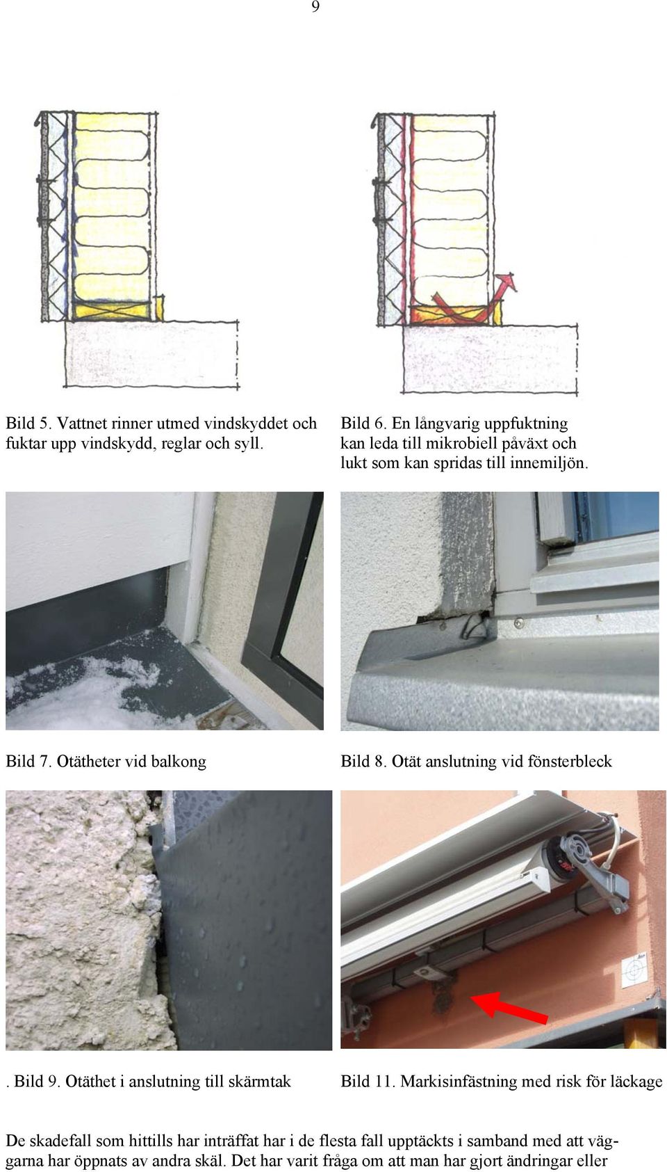 Otätheter vid balkong Bild 8. Otät anslutning vid fönsterbleck. Bild 9. Otäthet i anslutning till skärmtak Bild 11.