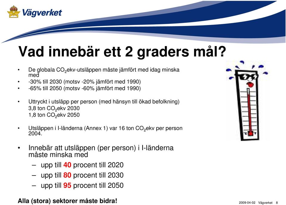 jämfört med 1990) Uttryckt i utsläpp per person (med hänsyn till ökad befolkning) 3,8 ton CO 2 ekv 2030 1,8 ton CO 2 ekv 2050 Utsläppen i