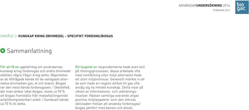 I Skellefteå, där man tankar lokal biogas, visste ca 90 % att biogas framställs från matavfall/organiskt avfall/komposterbart avfall. I Sundsvall kände ca 75 % till detta.