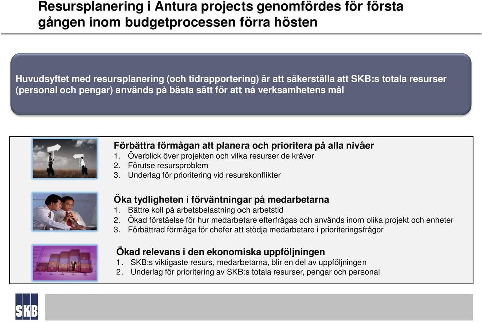 Förutse resursproblem 3. Underlag för prioritering vid resurskonflikter Öka tydligheten i förväntningar på medarbetarna 1. Bättre koll på arbetsbelastning och arbetstid 2.