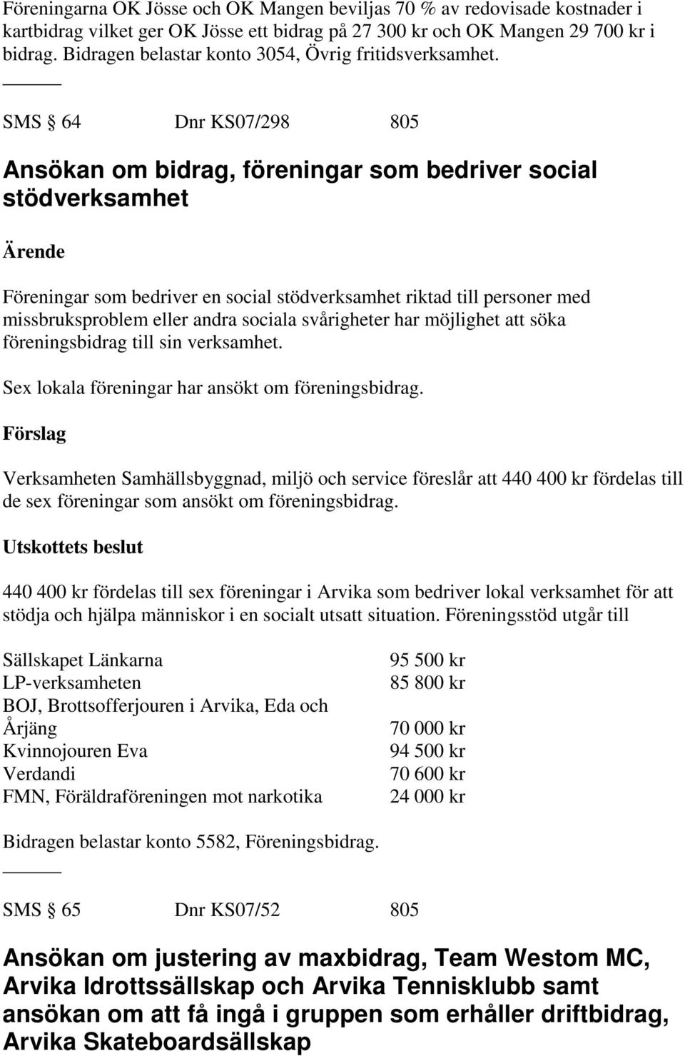 SMS 64 Dnr KS07/298 805 Ansökan om bidrag, föreningar som bedriver social stödverksamhet Ärende Föreningar som bedriver en social stödverksamhet riktad till personer med missbruksproblem eller andra