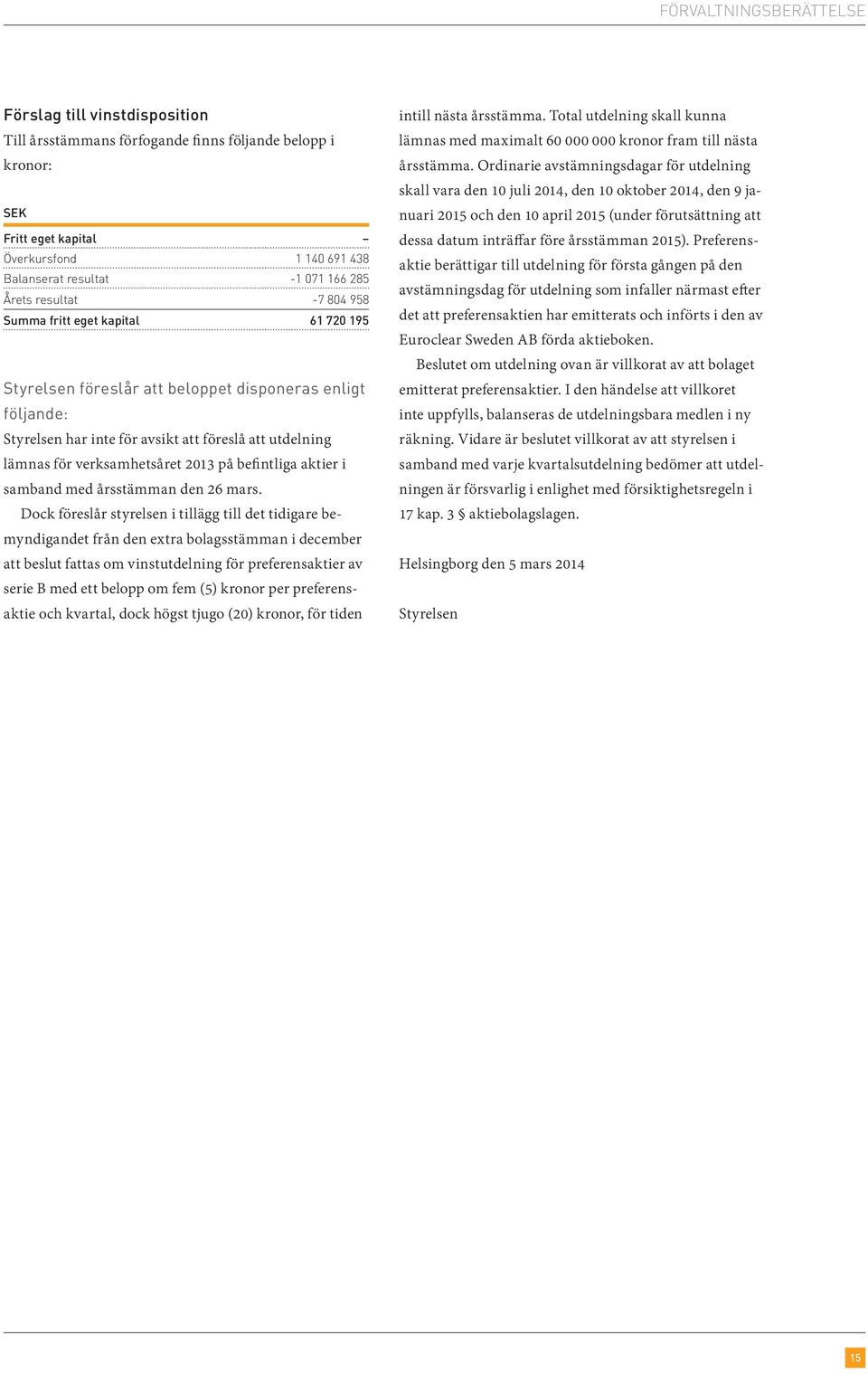 verksamhetsåret 2013 på befintliga aktier i samband med årsstämman den 26 mars.