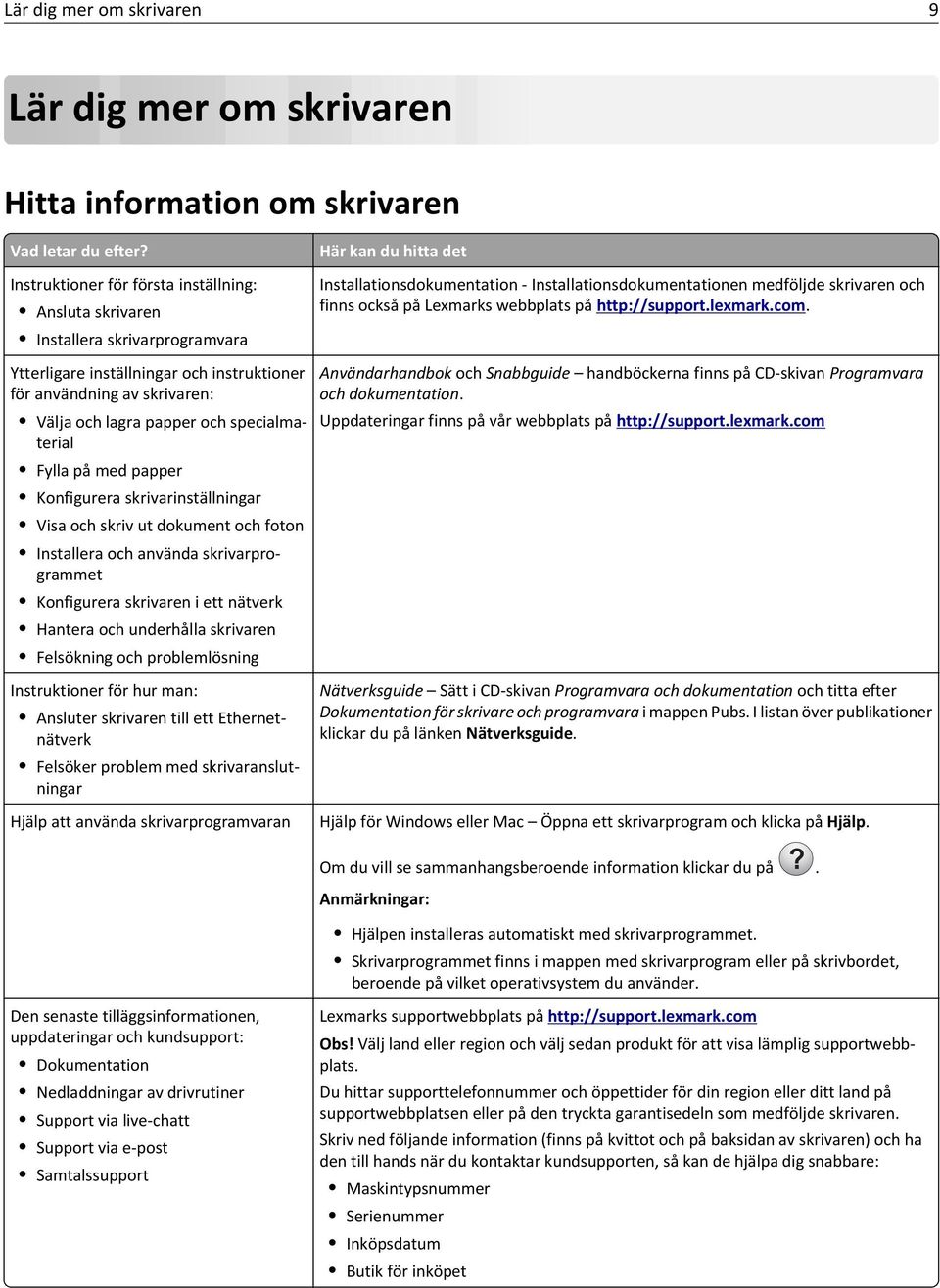 specialmaterial Fylla på med papper Konfigurera skrivarinställningar Visa och skriv ut dokument och foton Installera och använda skrivarprogrammet Konfigurera skrivaren i ett nätverk Hantera och