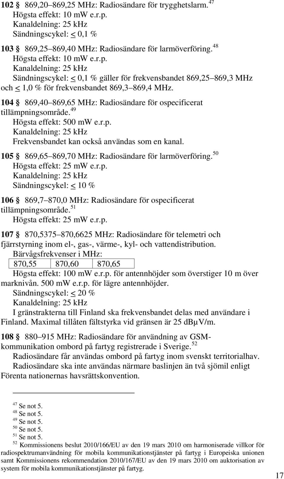 104 869,40 869,65 MHz: Radiosändare för ospecificerat tillämpningsområde. 49 Högsta effekt: 500 mw e.r.p. Kanaldelning: 25 khz Frekvensbandet kan också användas som en kanal.