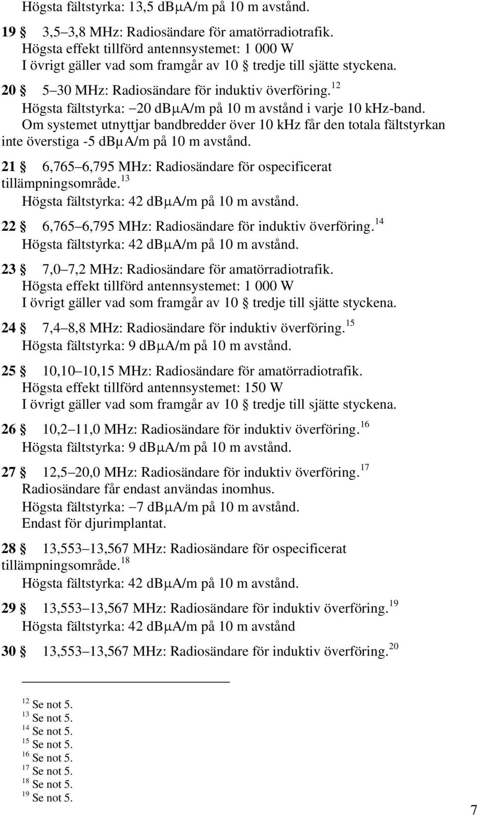 21 6,765 6,795 MHz: Radiosändare för ospecificerat tillämpningsområde. 13 Högsta fältstyrka: 42 db A/m på 10 m avstånd. 22 6,765 6,795 MHz: Radiosändare för induktiv överföring.