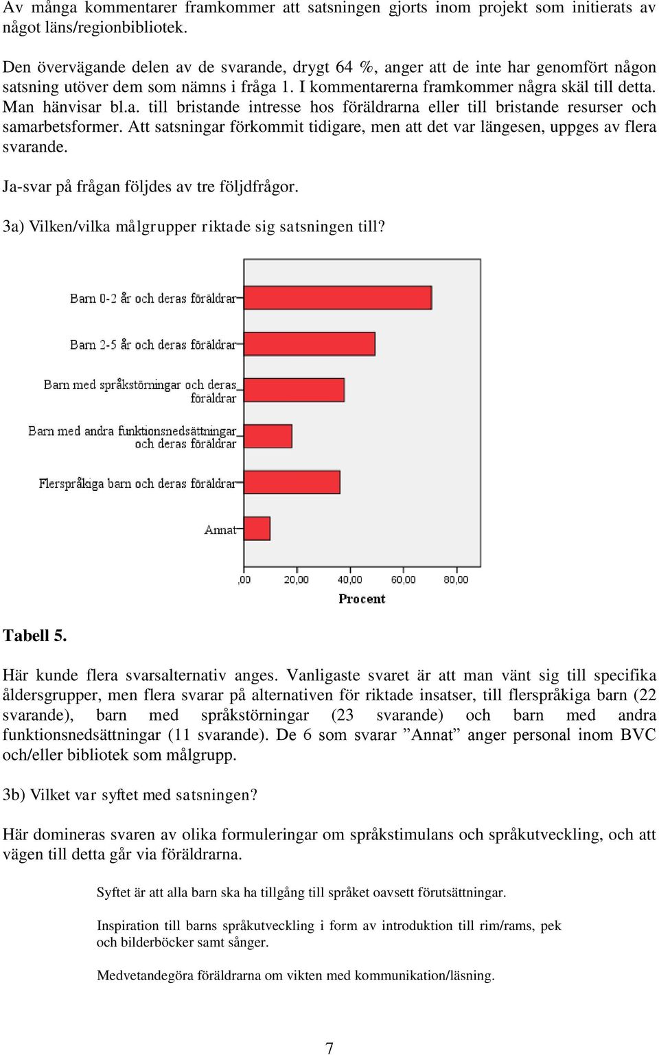 Att satsningar förkommit tidigare, men att det var längesen, uppges av flera svarande. Ja-svar på frågan följdes av tre följdfrågor. 3a) Vilken/vilka målgrupper riktade sig satsningen till? Tabell 5.