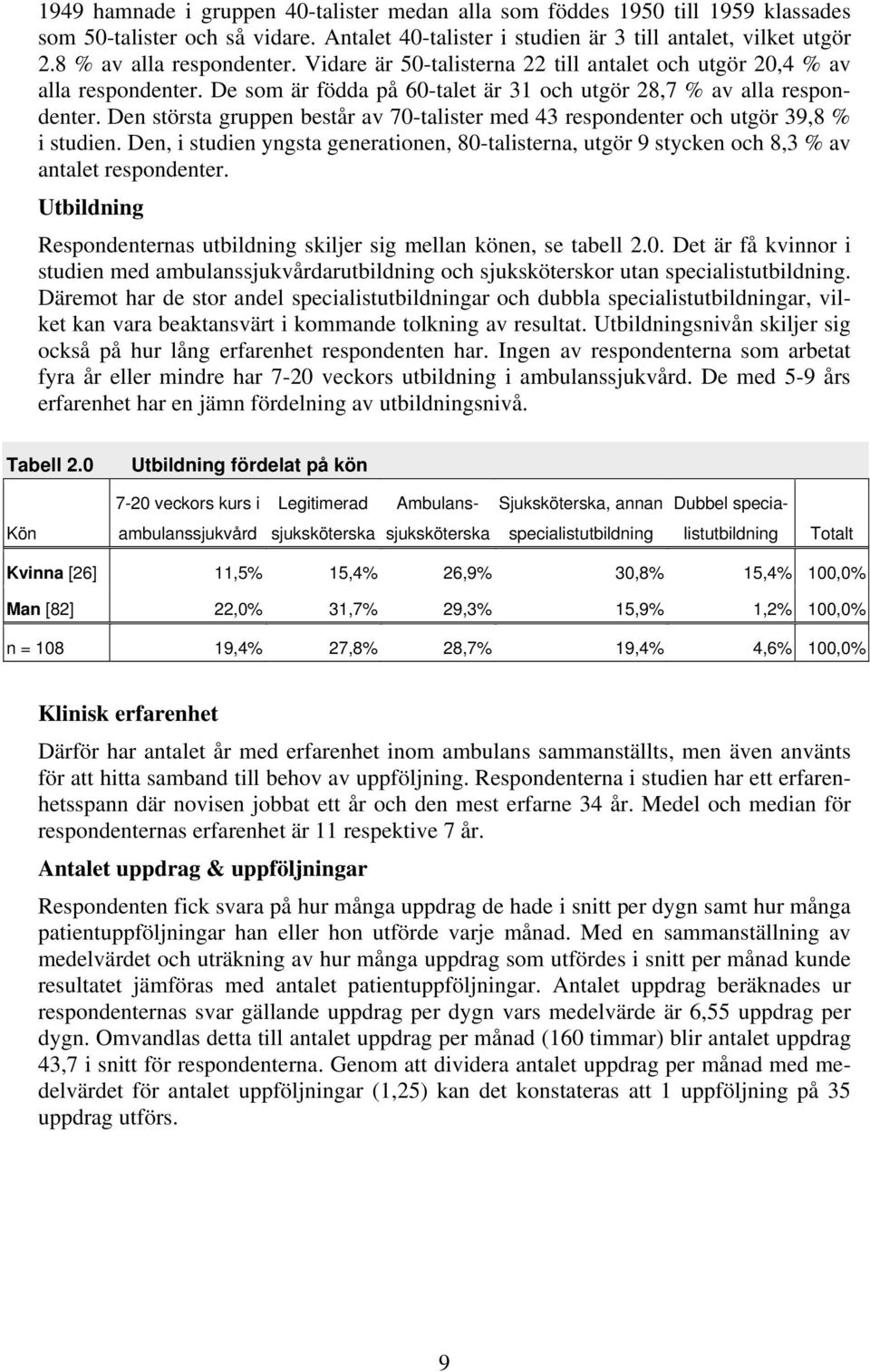 Den största gruppen består av 70-talister med 43 respondenter och utgör 39,8 % i studien. Den, i studien yngsta generationen, 80-talisterna, utgör 9 stycken och 8,3 % av antalet respondenter.