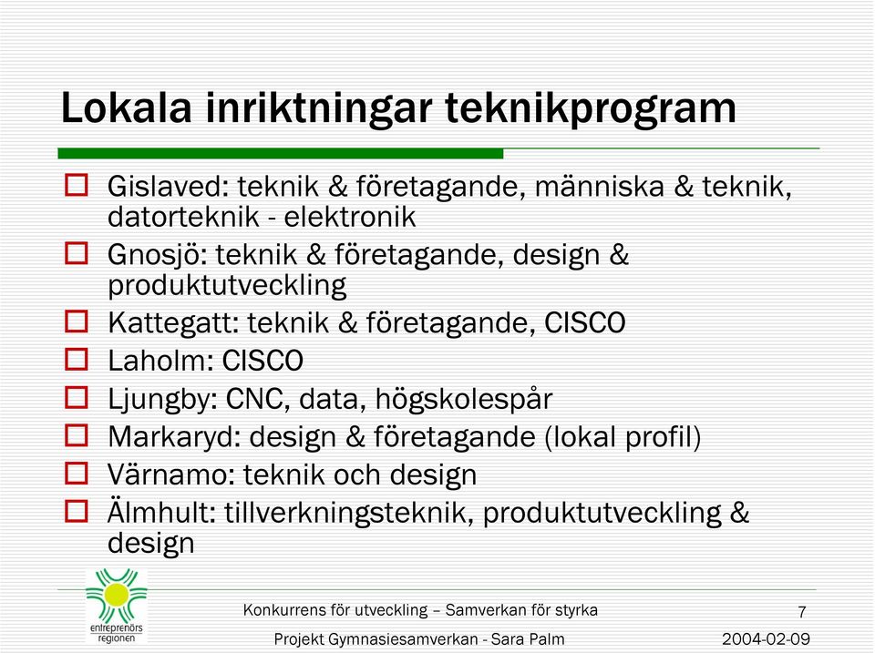 data, högskolespår Markaryd: design & företagande (lokal profil) Värnamo: teknik och design Älmhult: