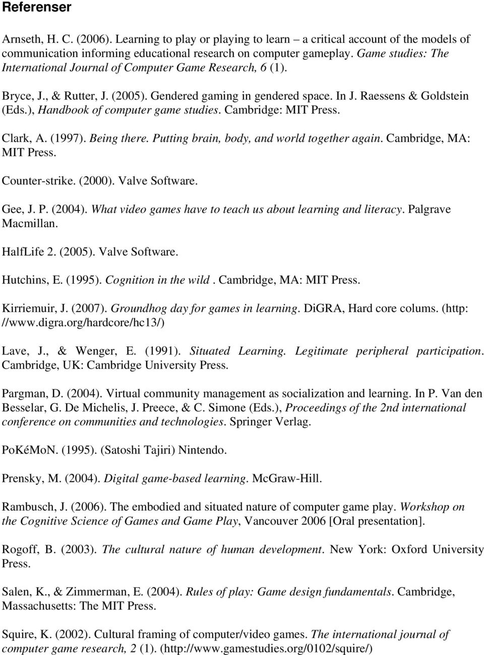 ), Handbook of computer game studies. Cambridge: MIT Press. Clark, A. (1997). Being there. Putting brain, body, and world together again. Cambridge, MA: MIT Press. Counter-strike. (2000).