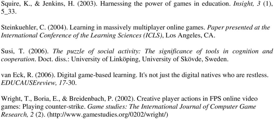 The puzzle of social activity: The significance of tools in cognition and cooperation. Doct. diss.: University of Linköping, University of Skövde, Sweden. van Eck, R. (2006).