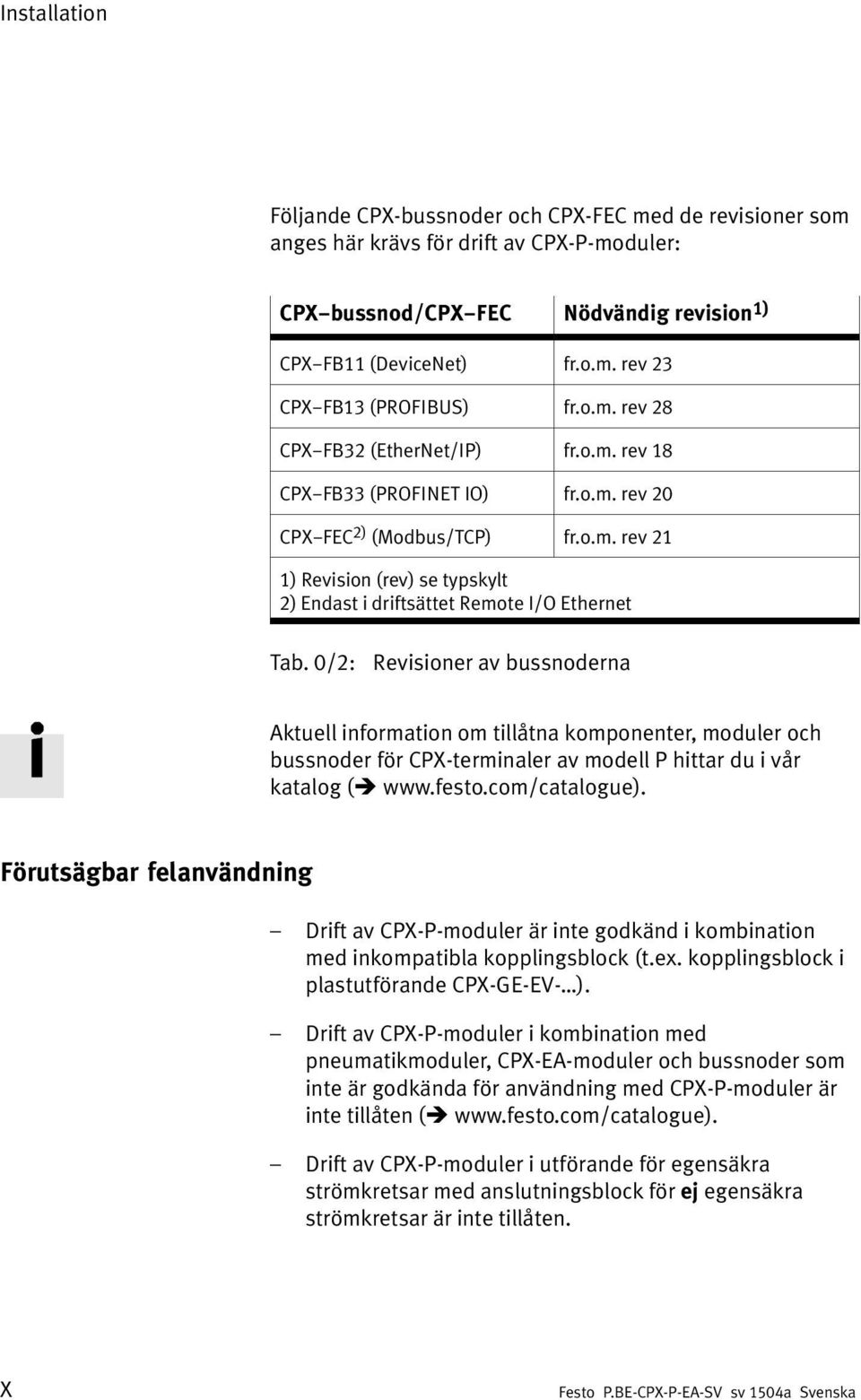 0/2: Revisioner av bussnoderna Aktuell information om tillåtna komponenter, moduler och bussnoder för CPX-terminaler av modell P hittar du i vår katalog ( www.festo.com/catalogue).