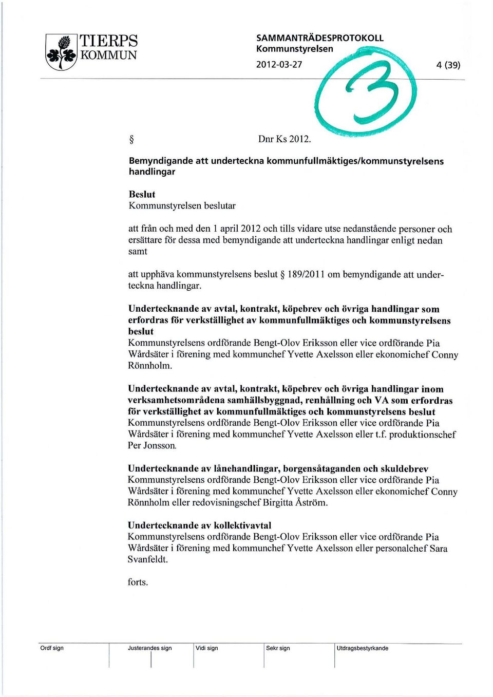 för dessa med bemyndigande att underteckna handlingar enligt nedan samt att upphäva kommunstyrelsens beslut 189/20 110m bemyndigande att underteckna handlingar.