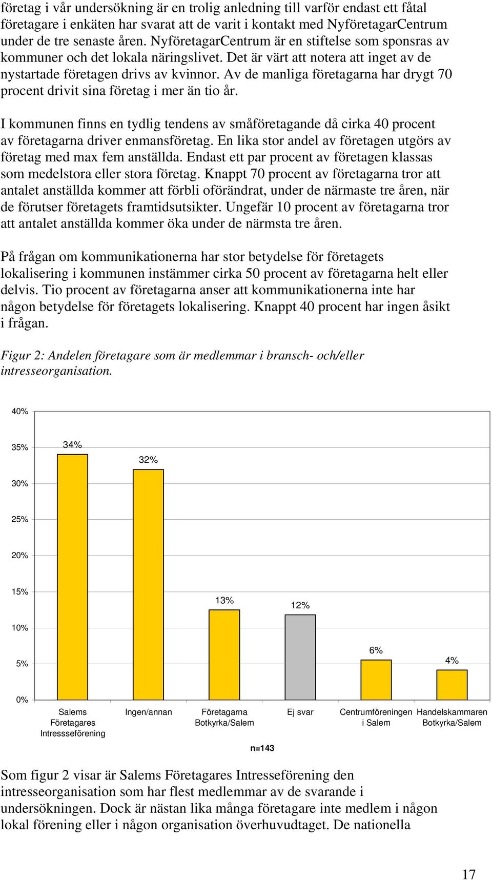 Av de manliga företagarna har drygt 70 procent drivit sina företag i mer än tio år. I kommunen finns en tydlig tendens av småföretagande då cirka 40 procent av företagarna driver enmansföretag.