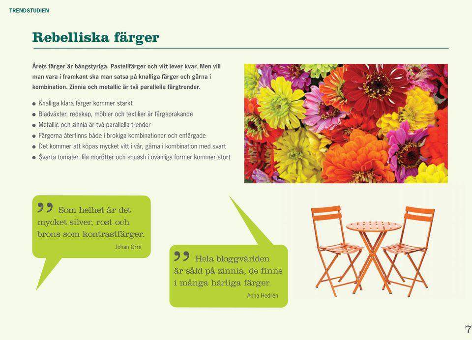 Knalliga klara färger kommer starkt Bladväxter, redskap, möbler och textilier är färgsprakande Metallic och zinnia är två parallella trender Färgerna återfinns både i brokiga