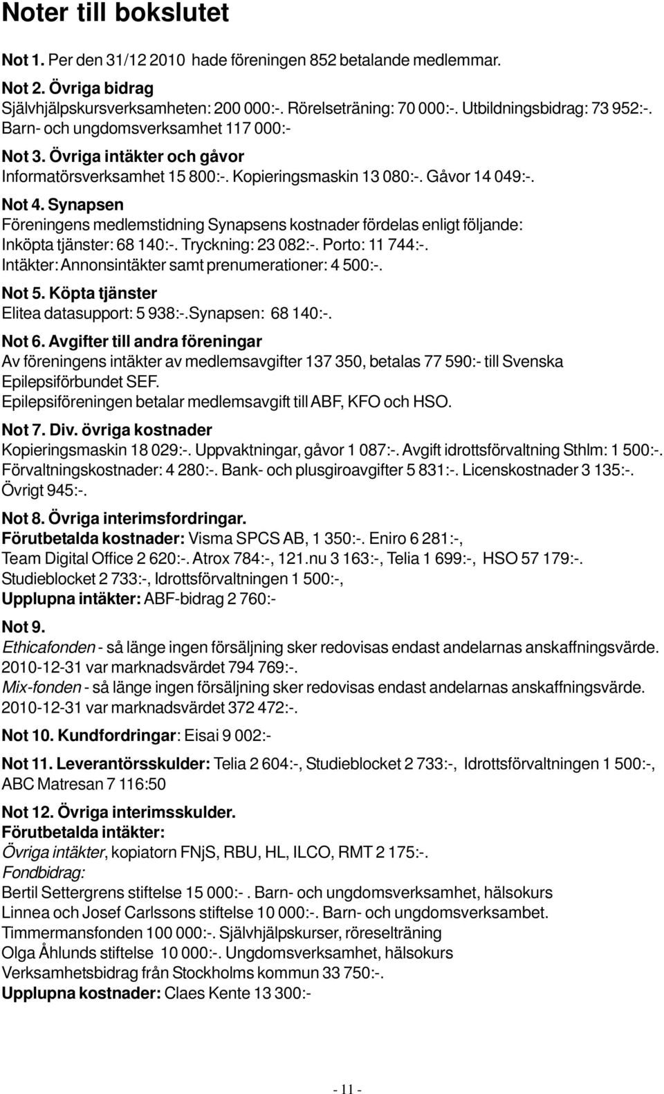 Synapsen Föreningens medlemstidning Synapsens kostnader fördelas enligt följande: Inköpta tjänster: 68 140:-. Tryckning: 23 082:-. Porto: 11 744:-.