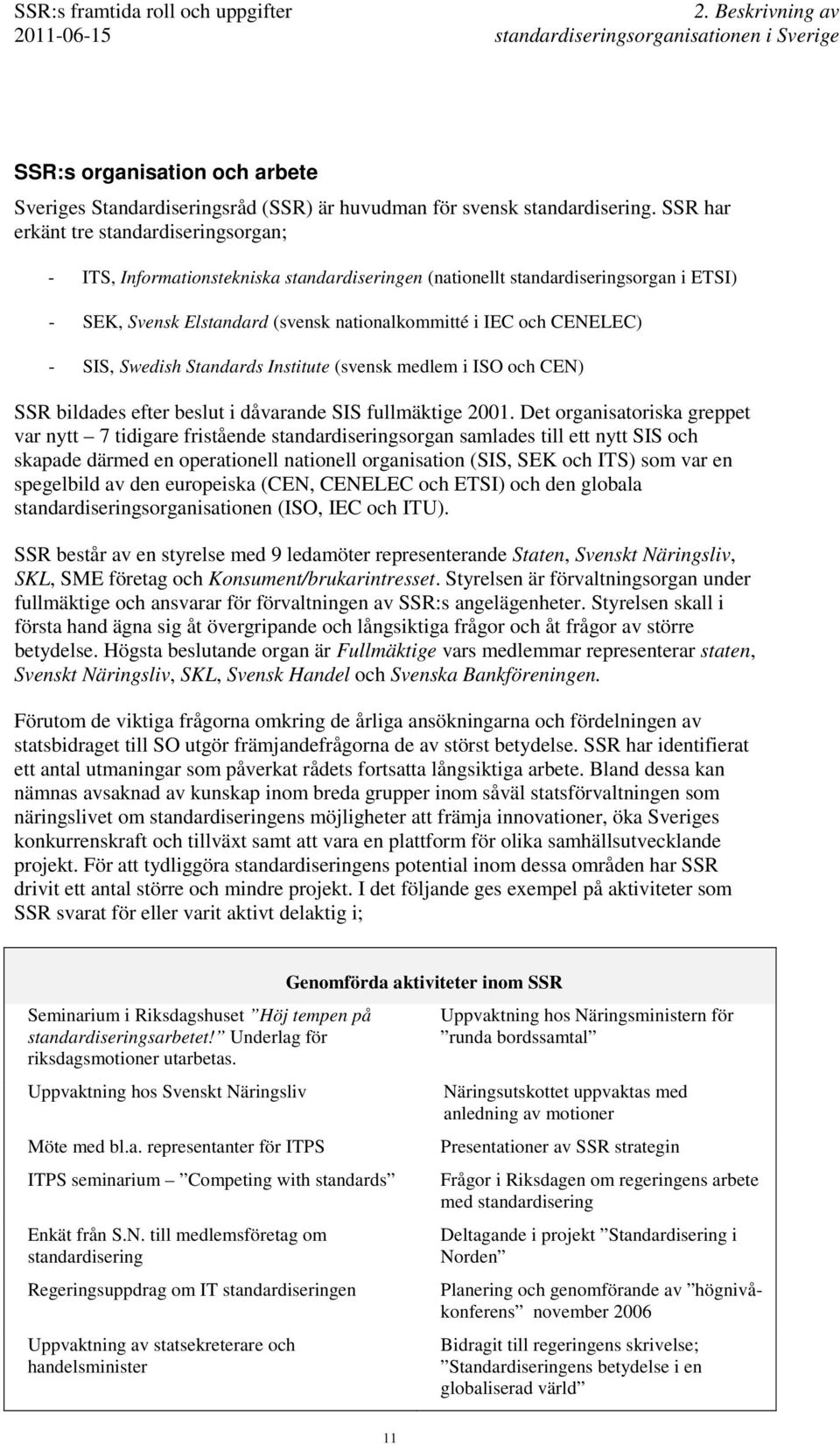 - SIS, Swedish Standards Institute (svensk medlem i ISO och CEN) SSR bildades efter beslut i dåvarande SIS fullmäktige 2001.