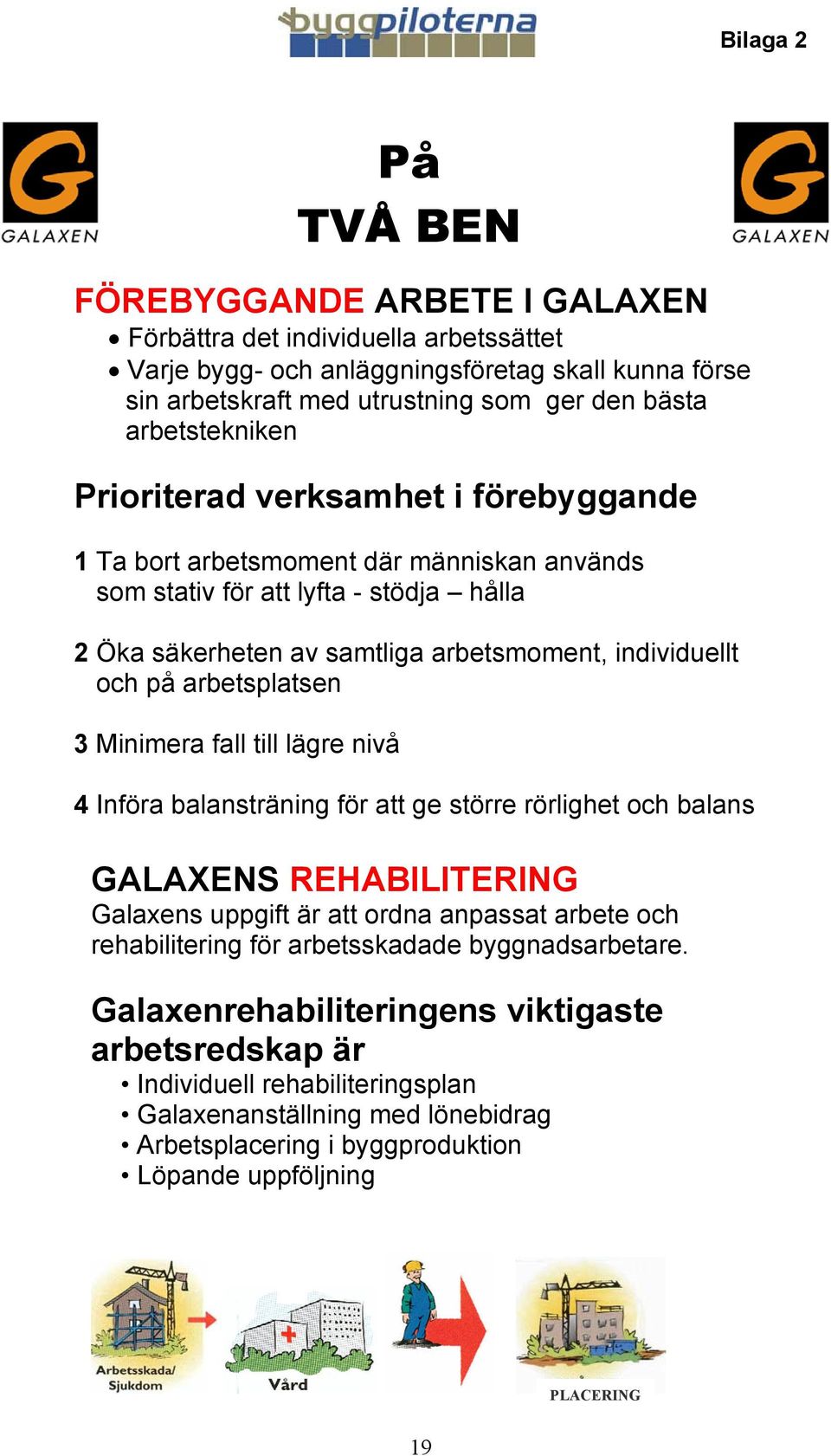 3 Minimera fall till lägre nivå På TVÅ BEN 4 Införa balansträning för att ge större rörlighet och balans GALAXENS REHABILITERING Galaxens uppgift är att ordna anpassat arbete och rehabilitering för