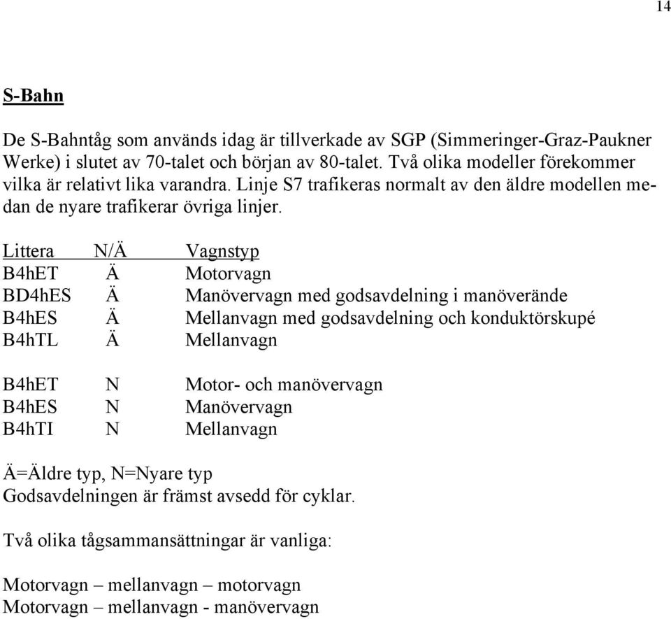 Littera N/Ä Vagnstyp B4hET Ä Motorvagn BD4hES Ä Manövervagn med godsavdelning i manöverände B4hES Ä Mellanvagn med godsavdelning och konduktörskupé B4hTL Ä Mellanvagn B4hET N