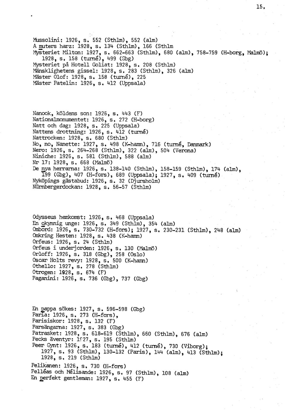 (Sthlm), 326 (alm) Master Olof: 1928, s, 158 (turné), 225 Mäster Patelin: 1926, s, 412 (Uppsala) Nanook, köldens son: 1926, s, 443 (F) Nationahmumentet : 1926, s.