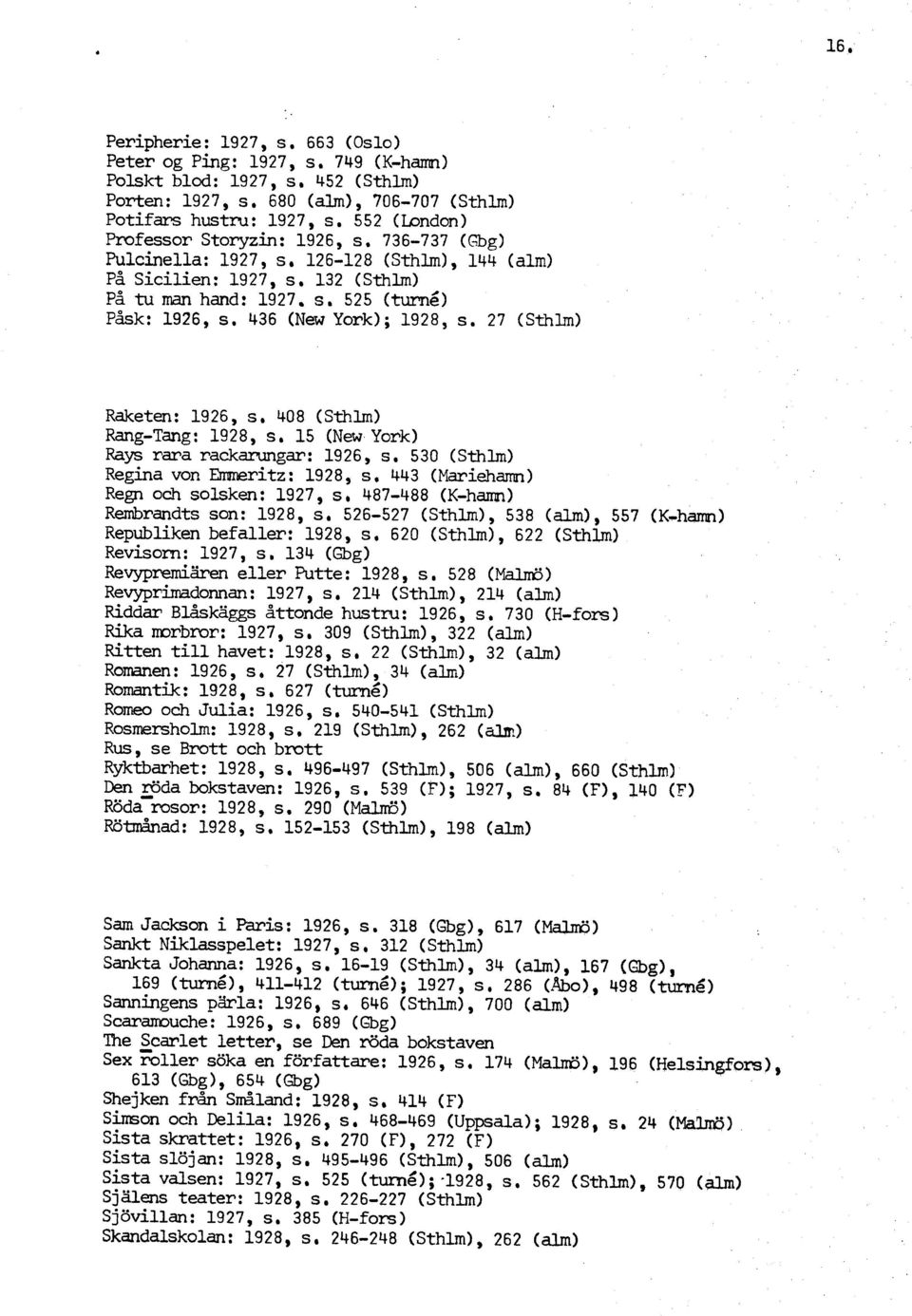 27 CSthlni) Raketen: 1926, s, 408 (Sthlm) Rang-Tang: 1928, s, 15 (New York) Rays rara rackarungar: 1926, s, 530 (Sthlm) Regina von hmerit2 : 1928, s, 443 (Mariehamn) Regn och solsken: 1927, s,