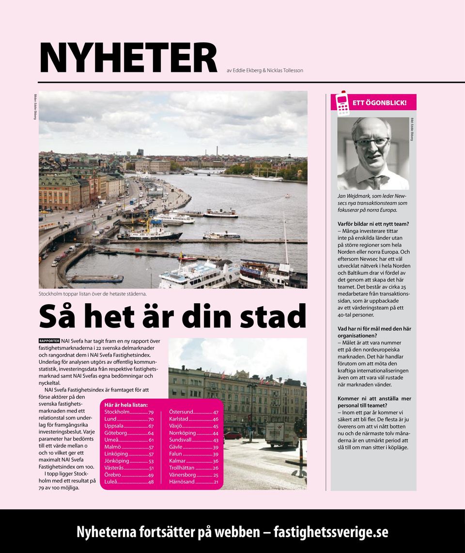 Så het är din stad RAPPORTER NAI Svefa har tagit fram en ny rapport över fastighetsmarknaderna i 22 svenska delmarknader och rangordnat dem i NAI Svefa Fastighetsindex.