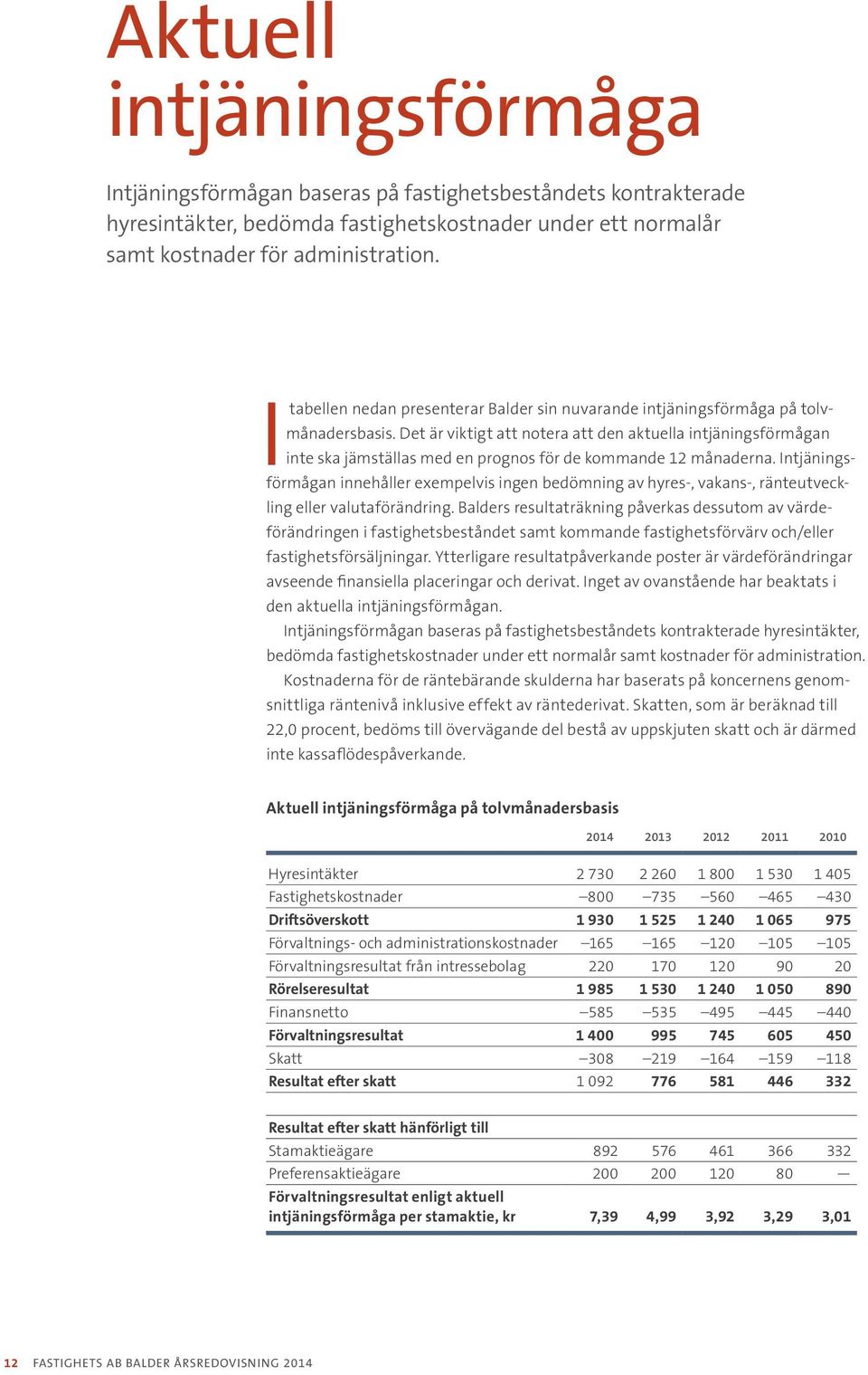 Det är viktigt att notera att den aktuella intjäningsförmågan inte ska jämställas med en prognos för de kommande 12 månaderna.