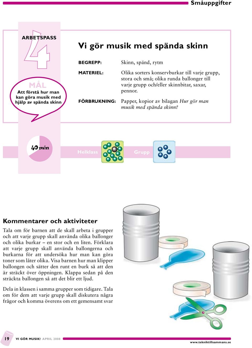 Helklass Grupp Kommentarer och aktiviteter Tala om för barnen att de skall arbeta i grupper och att varje grupp skall använda olika ballonger och olika burkar en stor och en liten.