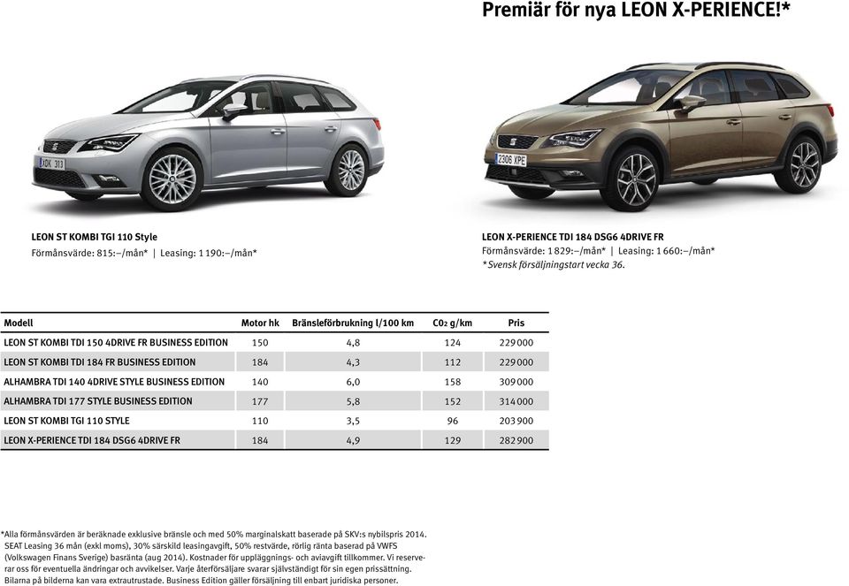 Modell Motor hk Bränsleförbrukning l/100 km C02 g/km Pris LEON ST KOMBI TDI 150 4DRIVE FR BUSINESS EDITION 150 4,8 124 229 000 LEON ST KOMBI TDI 184 FR BUSINESS EDITION 184 4,3 112 229 000 ALHAMBRA