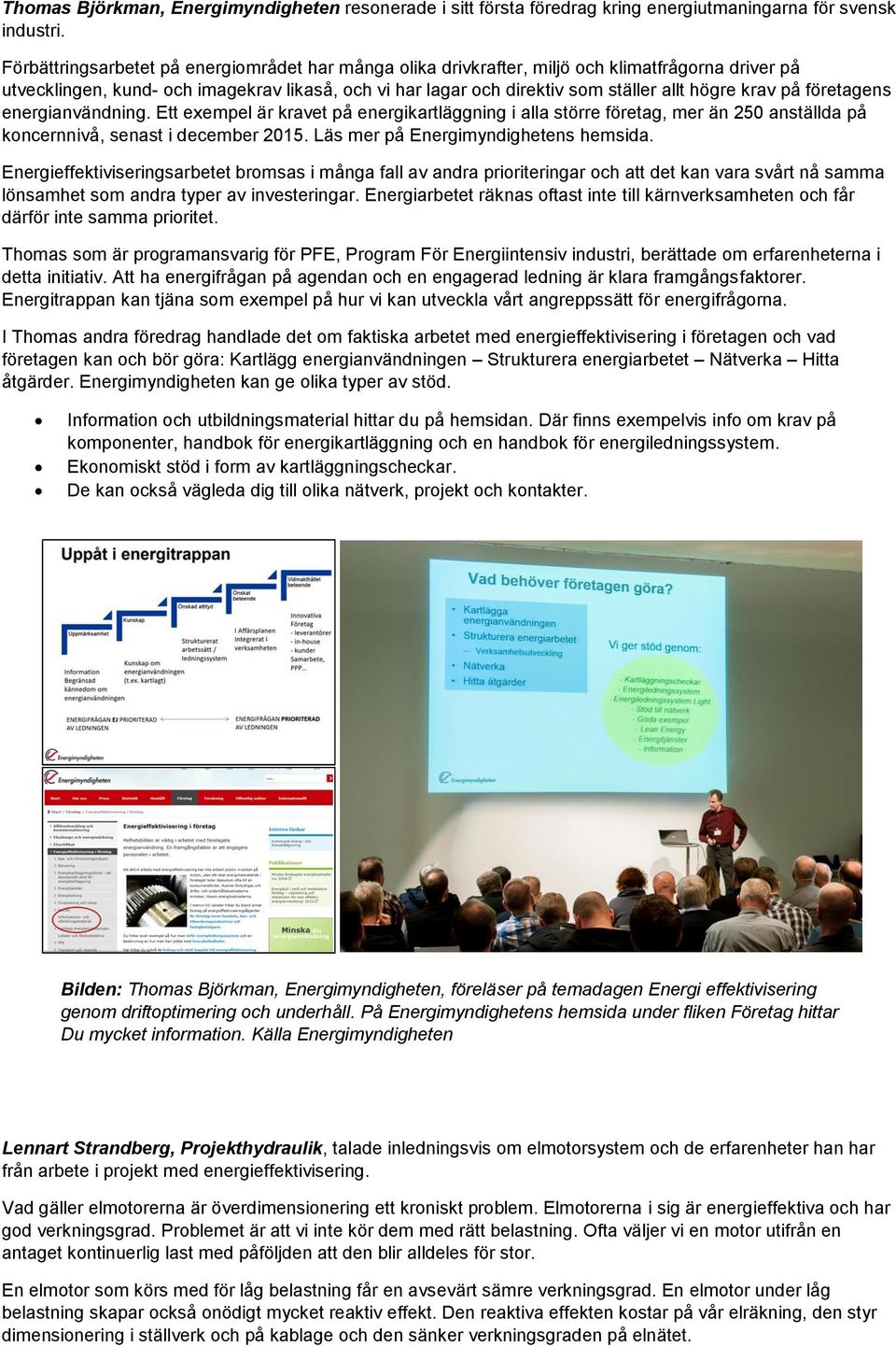 krav på företagens energianvändning. Ett exempel är kravet på energikartläggning i alla större företag, mer än 250 anställda på koncernnivå, senast i december 2015.